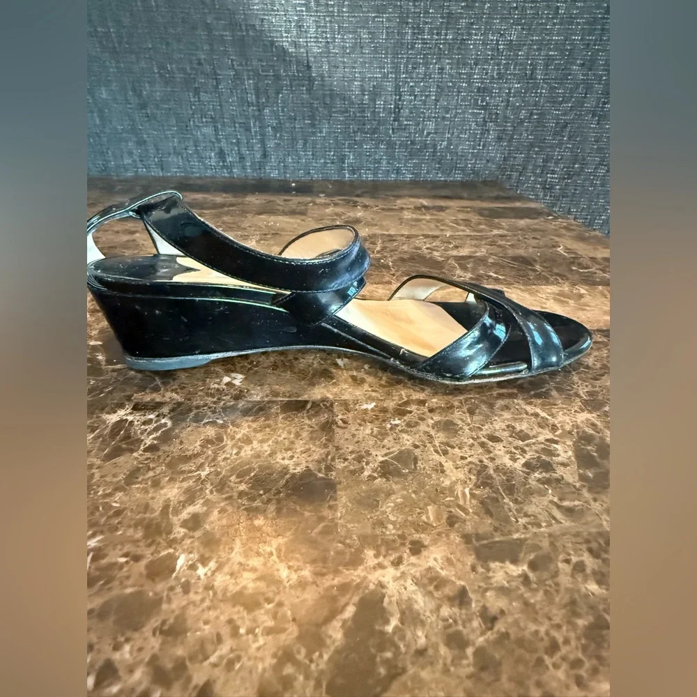 Jimmy Choo. Black Patent Connor Wedge Sandals. Size 37.